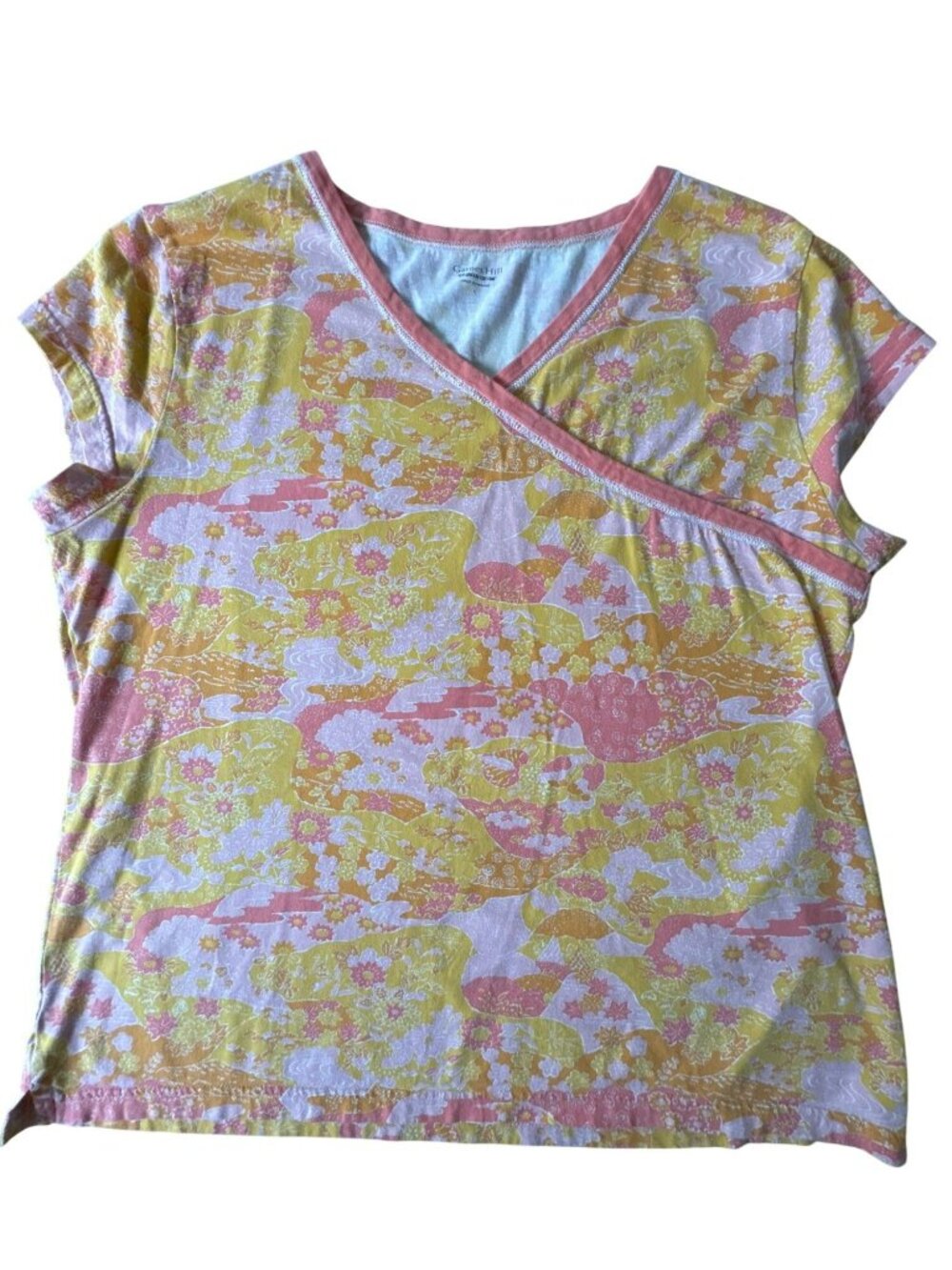 Garnet Hill Womens Asian Wrap Organic Cotton Pajama TOP Short Sleeve Size Large